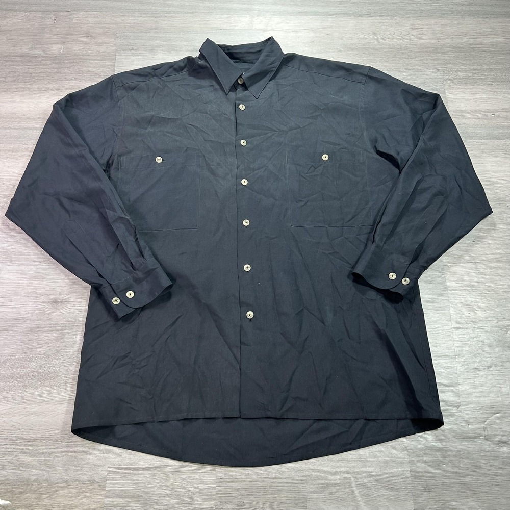 Burma Bibas Shirt Mens Medium Black Solid Silk Long Sleeve Button Up Pockets
